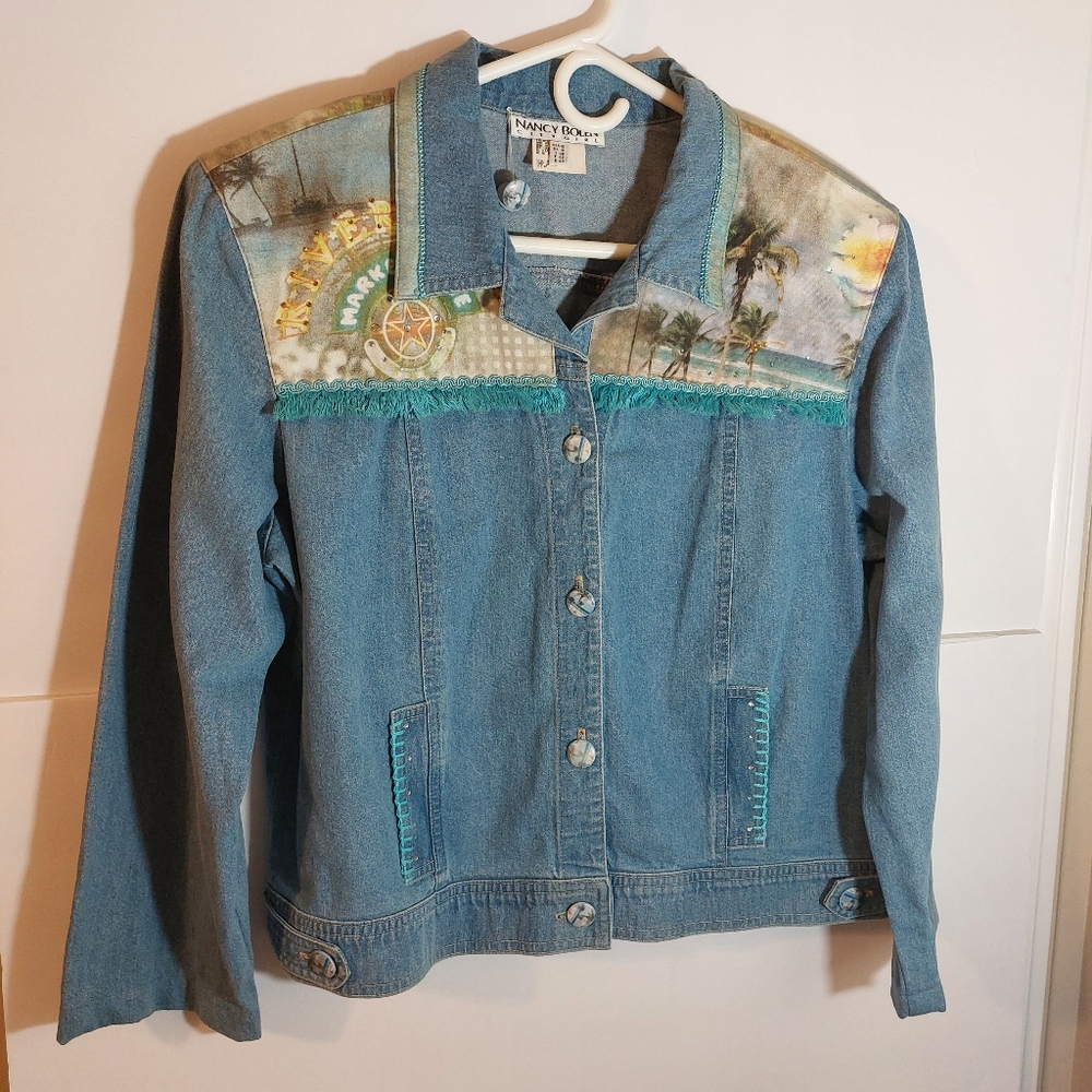 Vintage‎ Nancy Bolen City Girl Denim Jacket Size 12 Beach Scene Button Summer